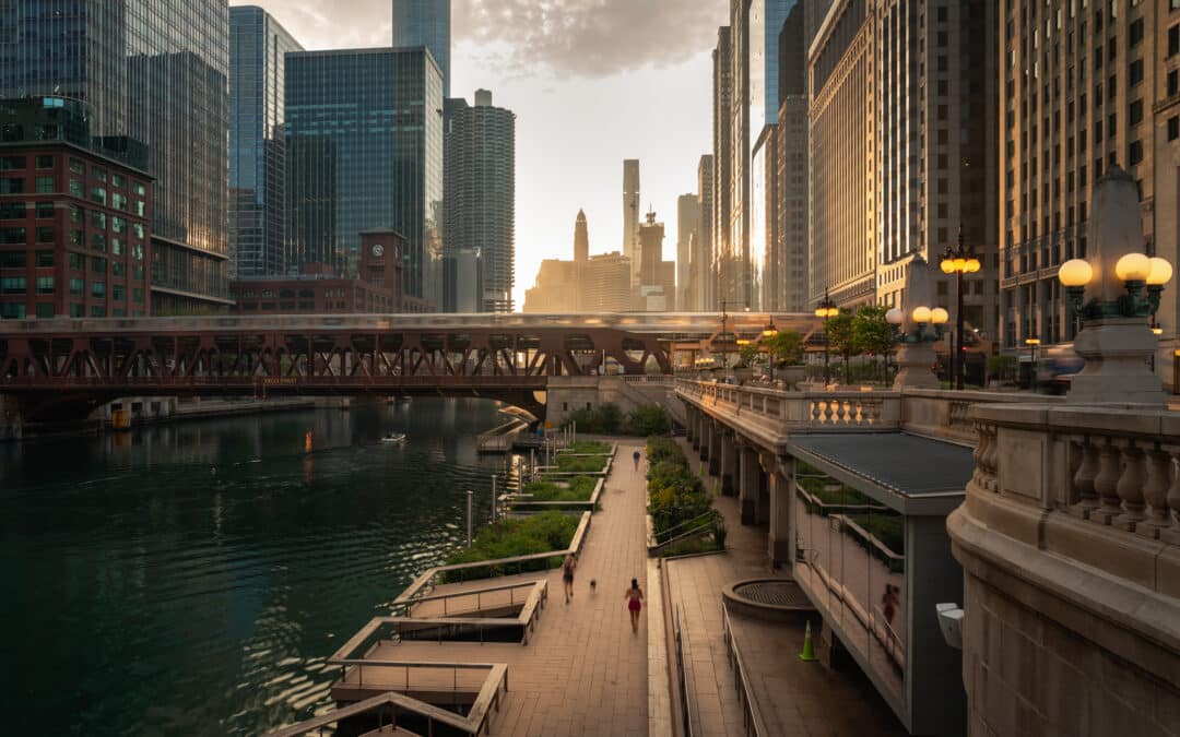 Chicago businesses at sunrise